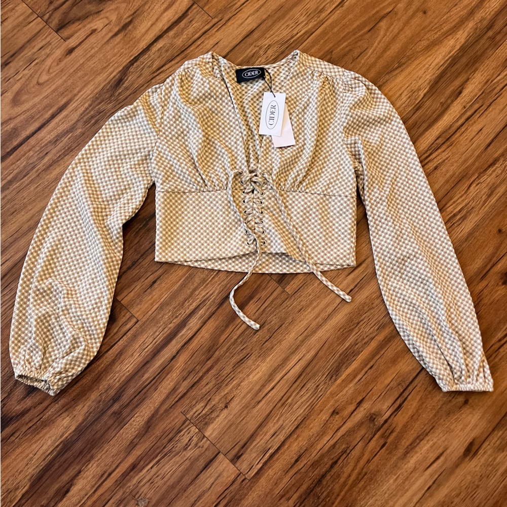NWT Cider Womens Crop Top Gingham Check Balloon Sleeve Tie Front Size Small